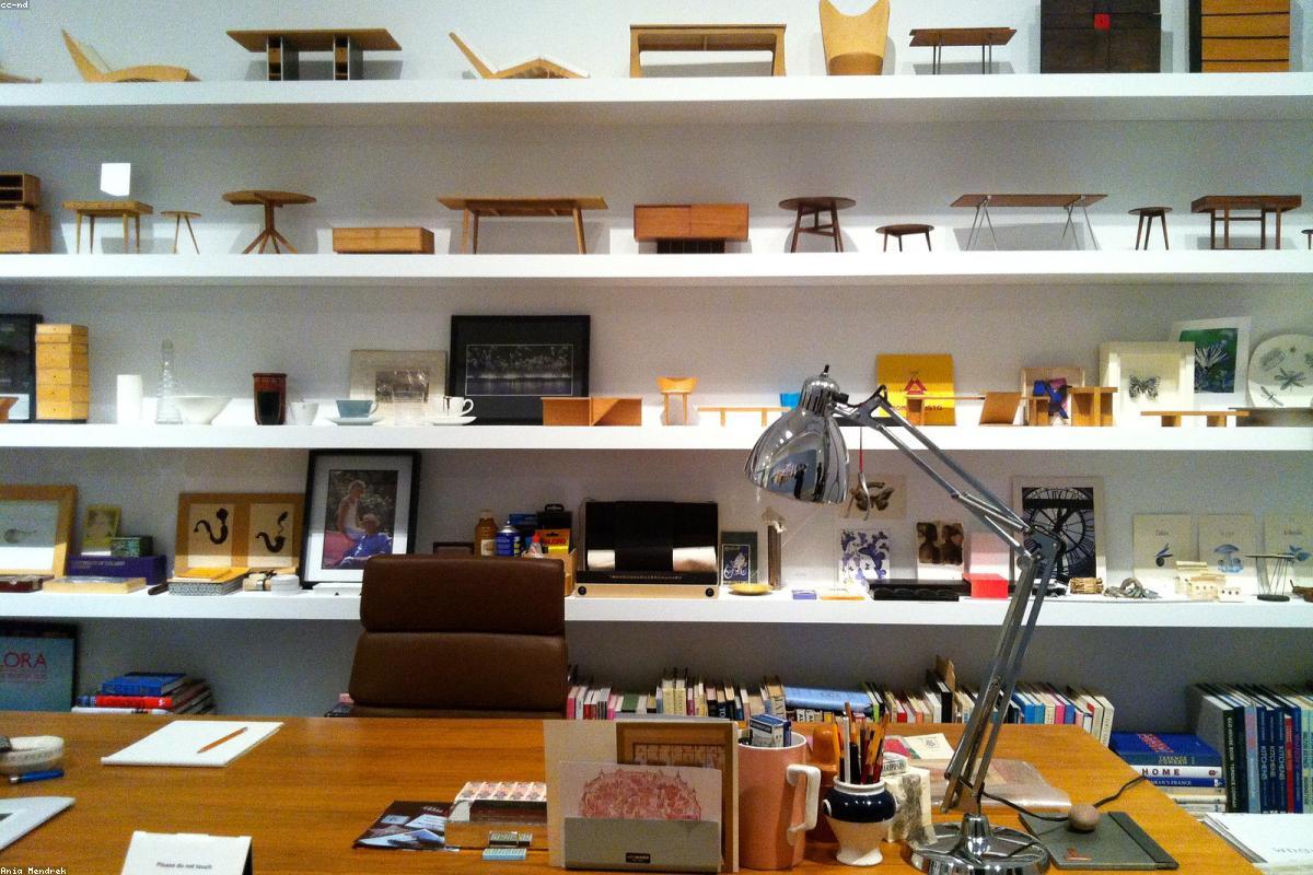 A corner of the Gramm Arcu Studio with the specimen shelf, paper samples, and pinned reference material